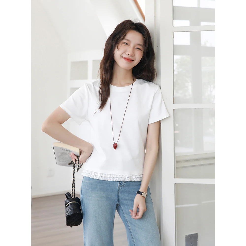 夏季新款时尚花边圆领打底短袖上衣纯色简约休闲宽松韩版百搭t恤