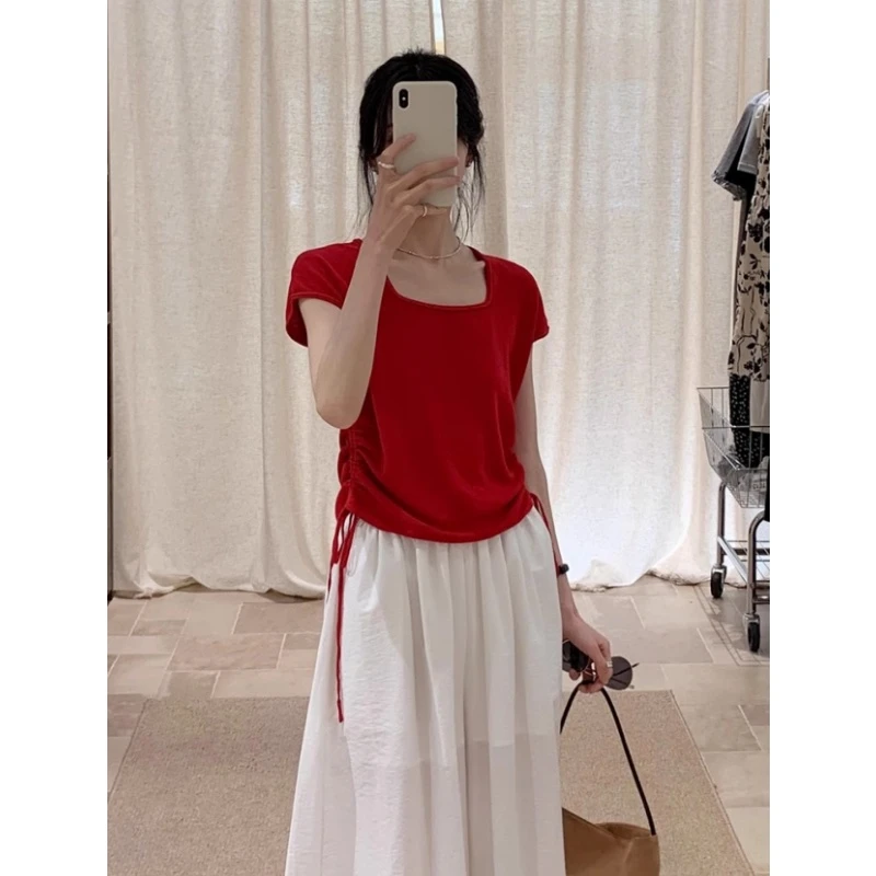 法式方领红色短袖针织t恤女夏季宽松抽绳小众设计感别致冰丝上衣