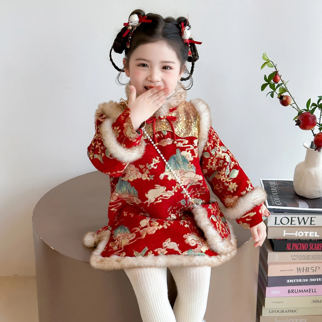 女童亮片卡通旗袍裙2025冬季新款盘扣年服裙新中式过年服唐装童装