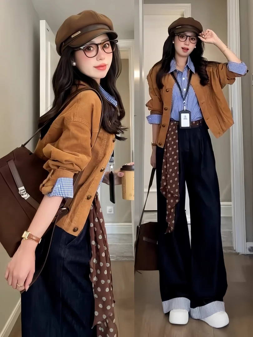 秋季套装女款爆款2025新款短款棕色工装夹克小香风外套衬衫牛仔裤