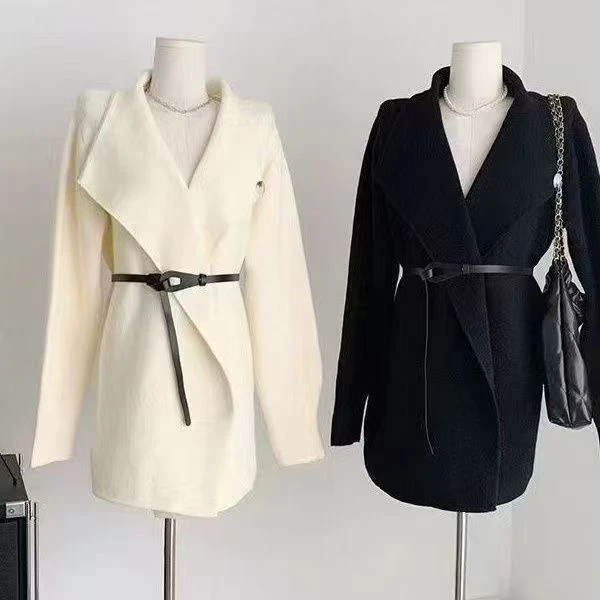 百搭显瘦韩版纯色厚款宽松型网红长袖翻领毛针织衫针织外套