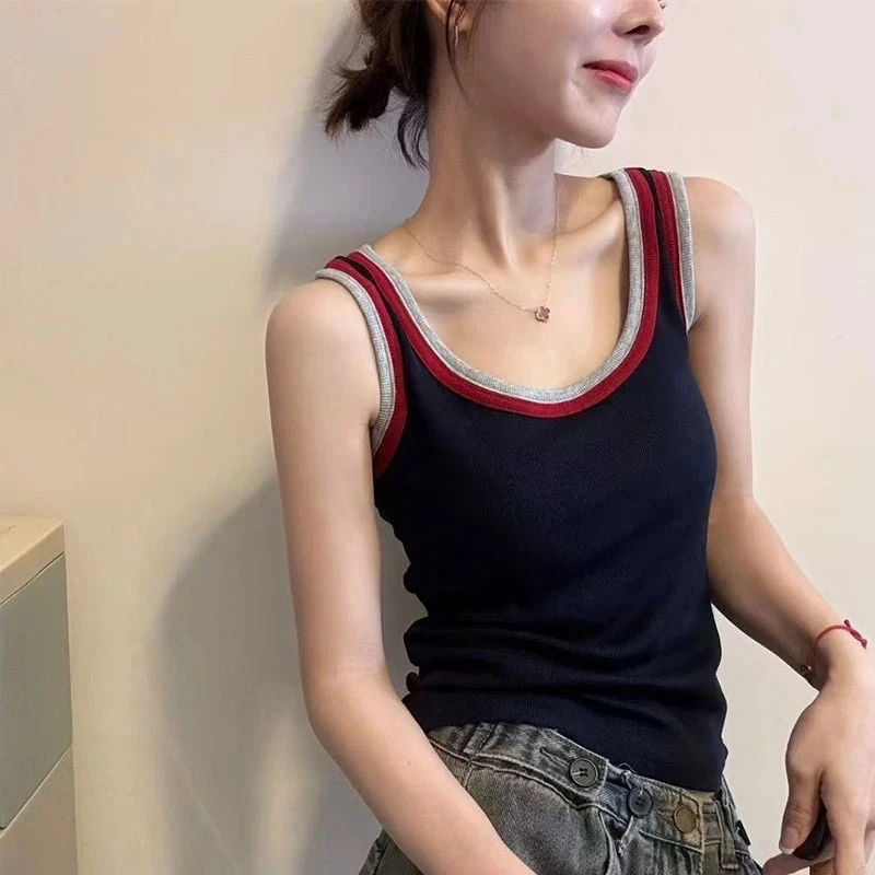 2025夏季新款撞色拼接吊带背心女韩版时尚修身百搭外穿上衣