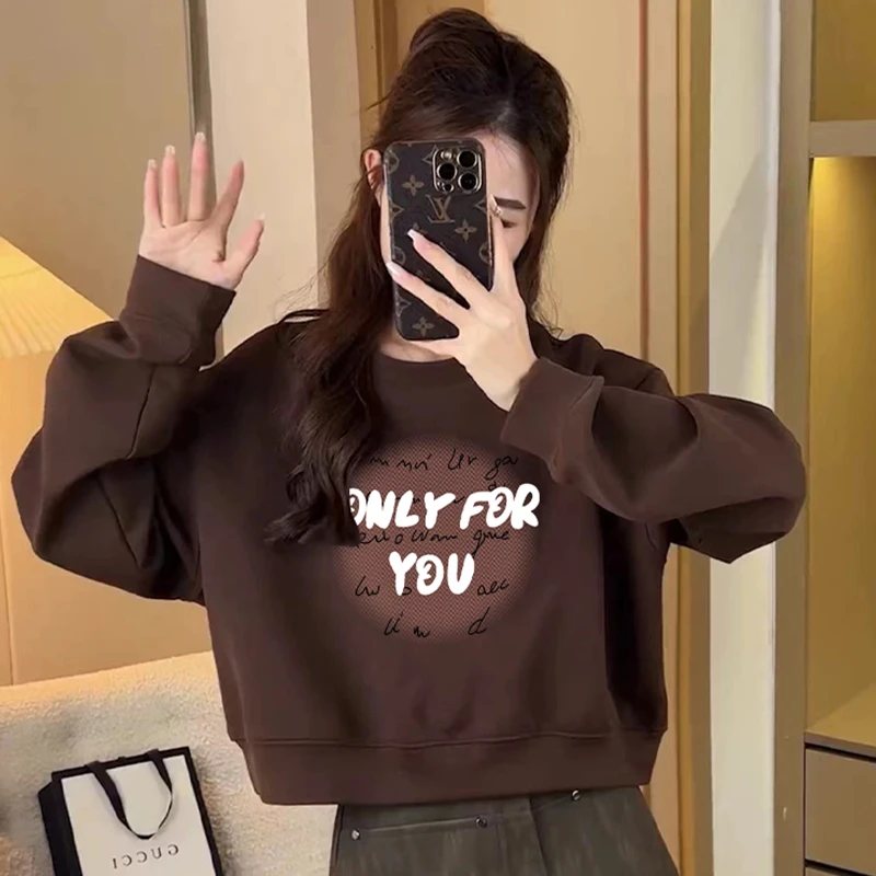 圆领小个子卫衣女高腰短款2025秋冬季薄款新款爆款宽松加绒上衣服