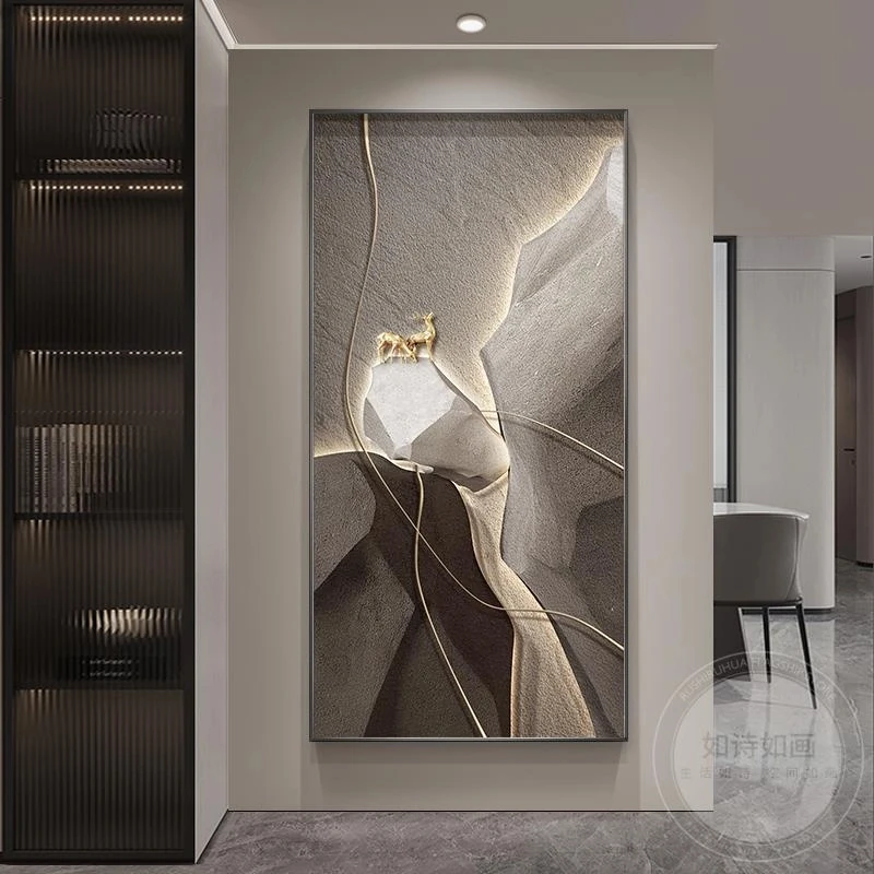 石来运转入户玄关装饰画现代轻奢高级感走廊过道挂画麋鹿竖版壁画