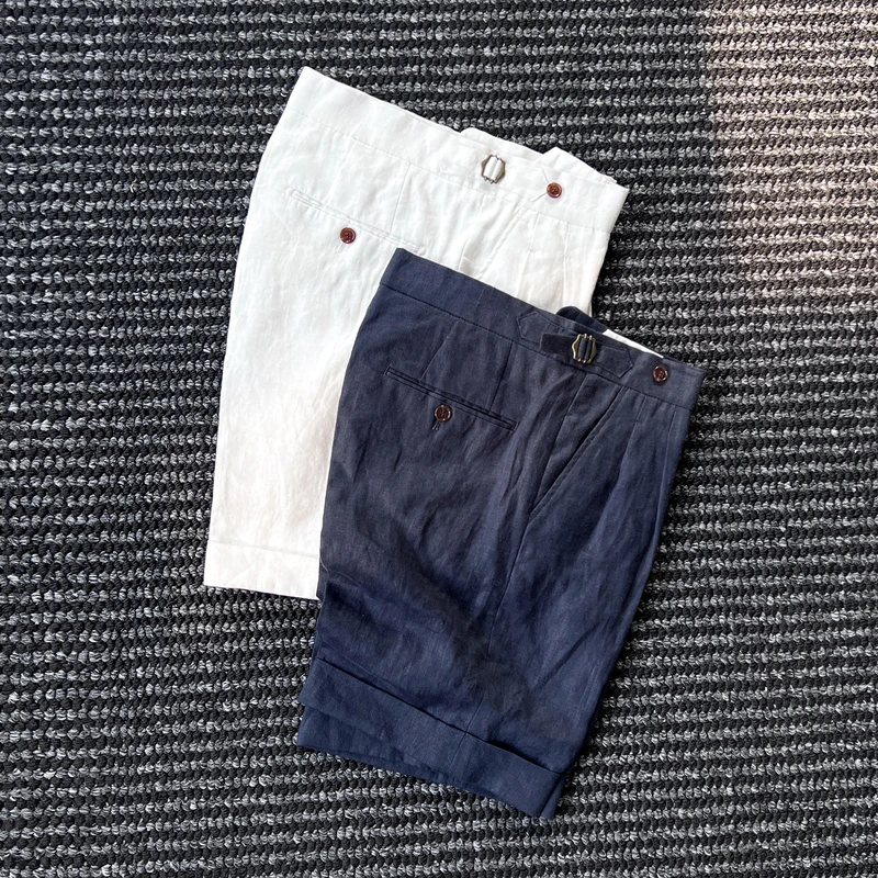 夏季高定那不勒斯100%亚麻高腰休闲短裤男时尚复古短裤男款夏季