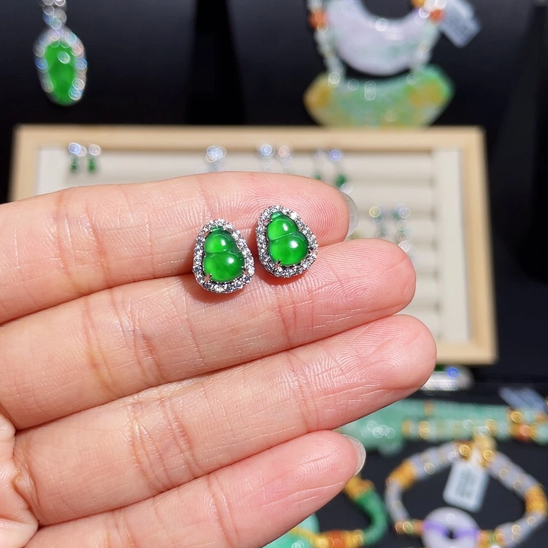 翡翠耳饰银S925镶嵌葫芦