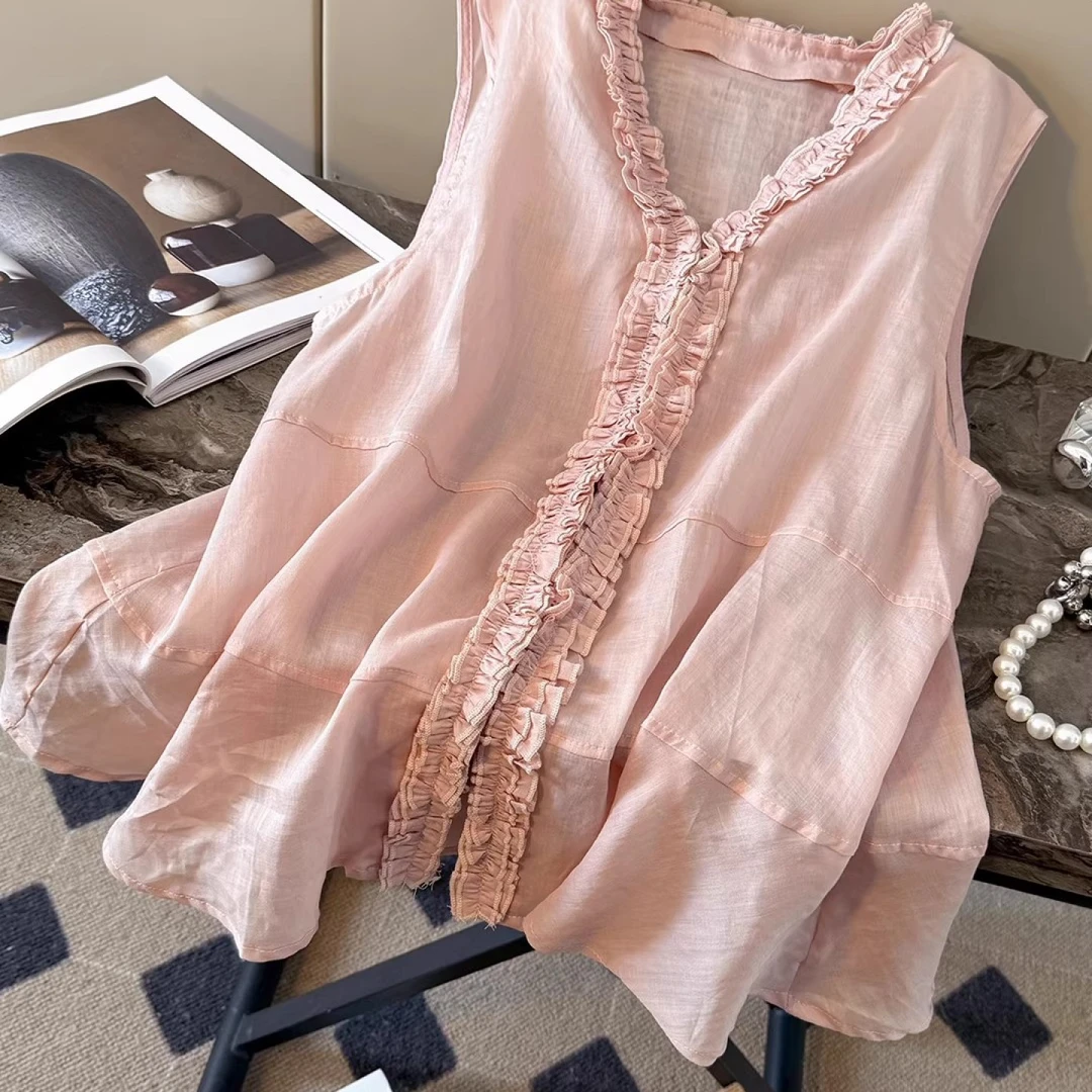 法式v领木耳花边无袖衬衫女2025夏季宽松温柔风气质亚麻背心上衣