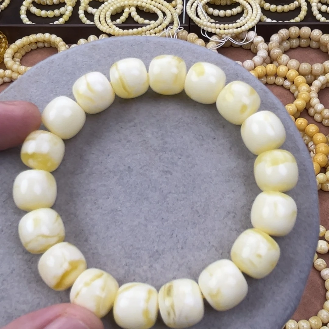 蜜蜡未镶嵌手串俄料同料白蜡金纹13*12.4腕口18+