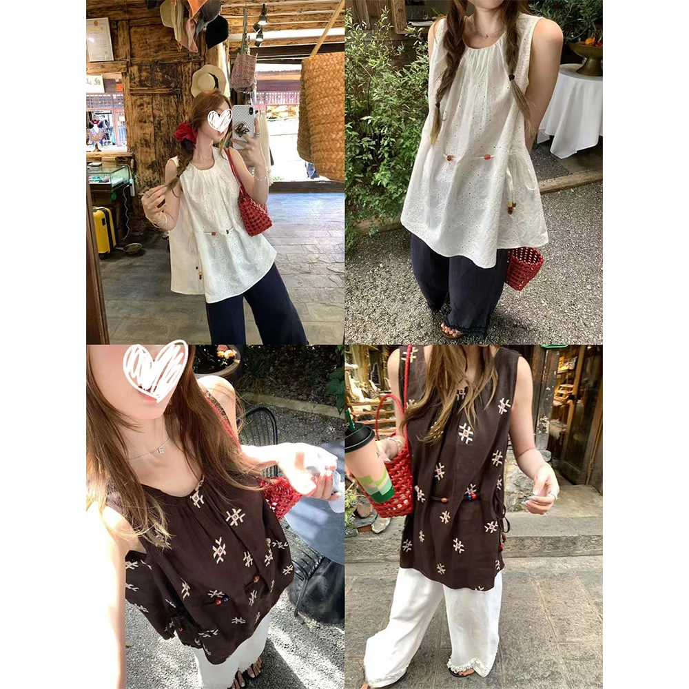 【樱岛茶话】设计串珠抽绳收腰圆领无袖上衣21621#