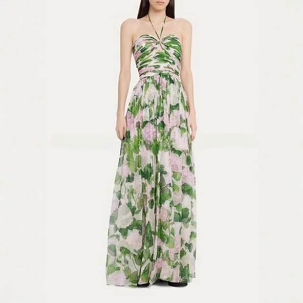 法式浪漫仙女碎花吊带长裙海边度假沙滩印花小清新无袖挂脖连衣裙