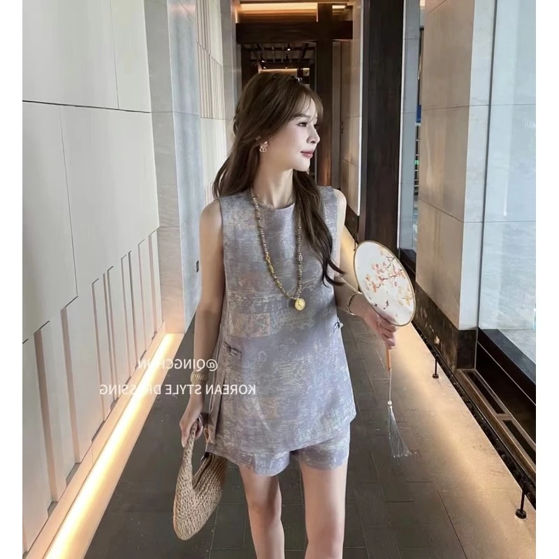 8661夏季韩版气质国风无袖圆领印花套头上衣显瘦短裤时尚两件套女