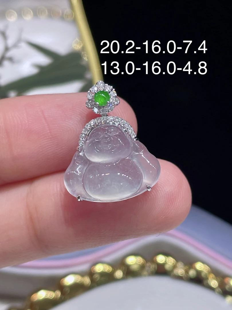 天然缅甸A货翡翠18k金南非真钻白冰佛公吊坠