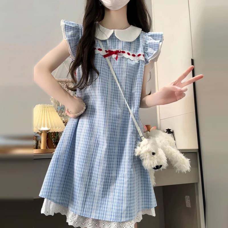 法式气质小飞袖蓝色格子夏季连衣裙今年流行爆款绝美少女穿搭短裙