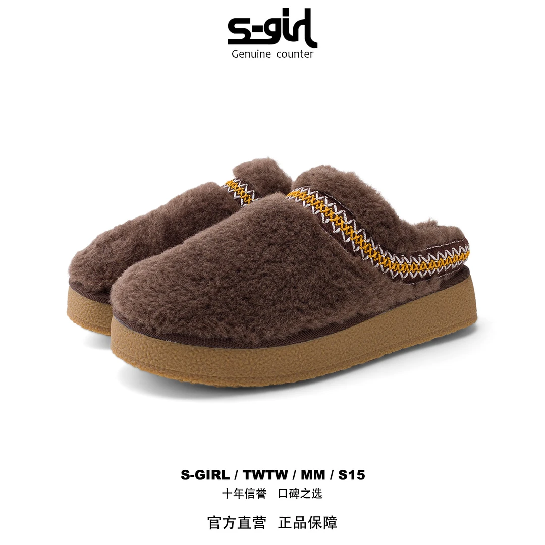 SGIRL TWTW外穿厚底包头拖鞋女2025冬季加绒保暖毛毛鞋一脚蹬棉鞋