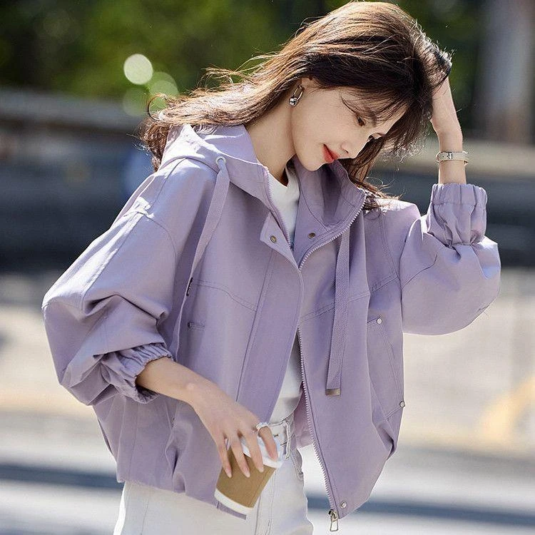 短款连帽通勤外套女2025年新款春秋款小个子宽松休闲夹克韩版