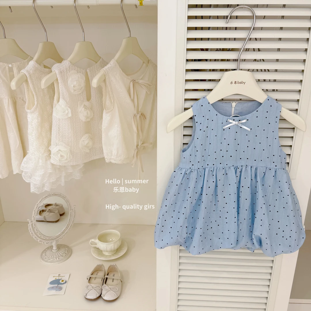 女童无袖蝴蝶结连衣裙夏季蓝色波点花苞裙女宝宝韩版甜美公主裙子