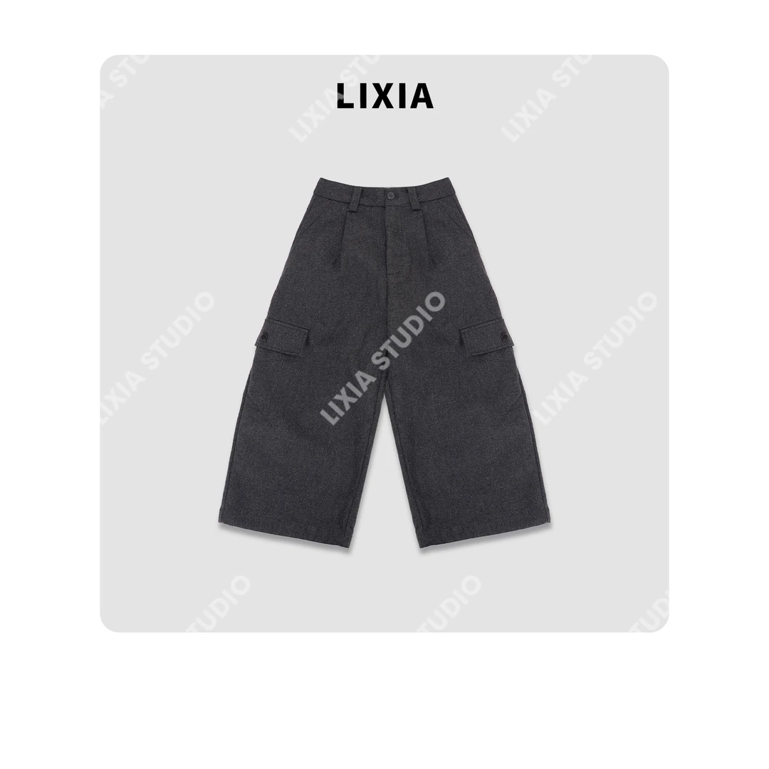 LIXIA【松弛灰境】设计感大口袋工装轻奢八分抓毛阔腿裤-D10381
