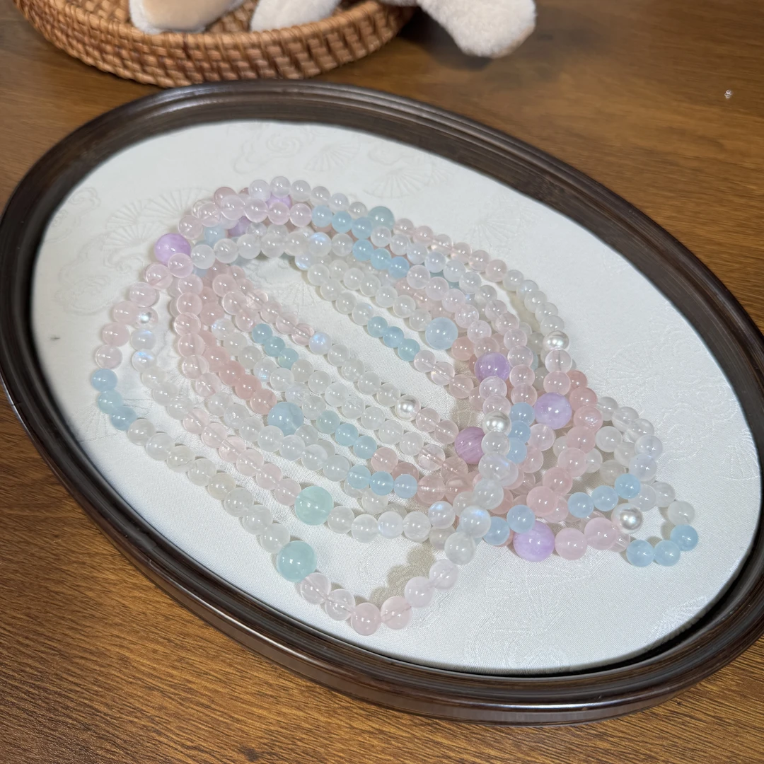 《星月》粉水晶蓝月光紫锂辉海蓝宝多宝手串手链DIY