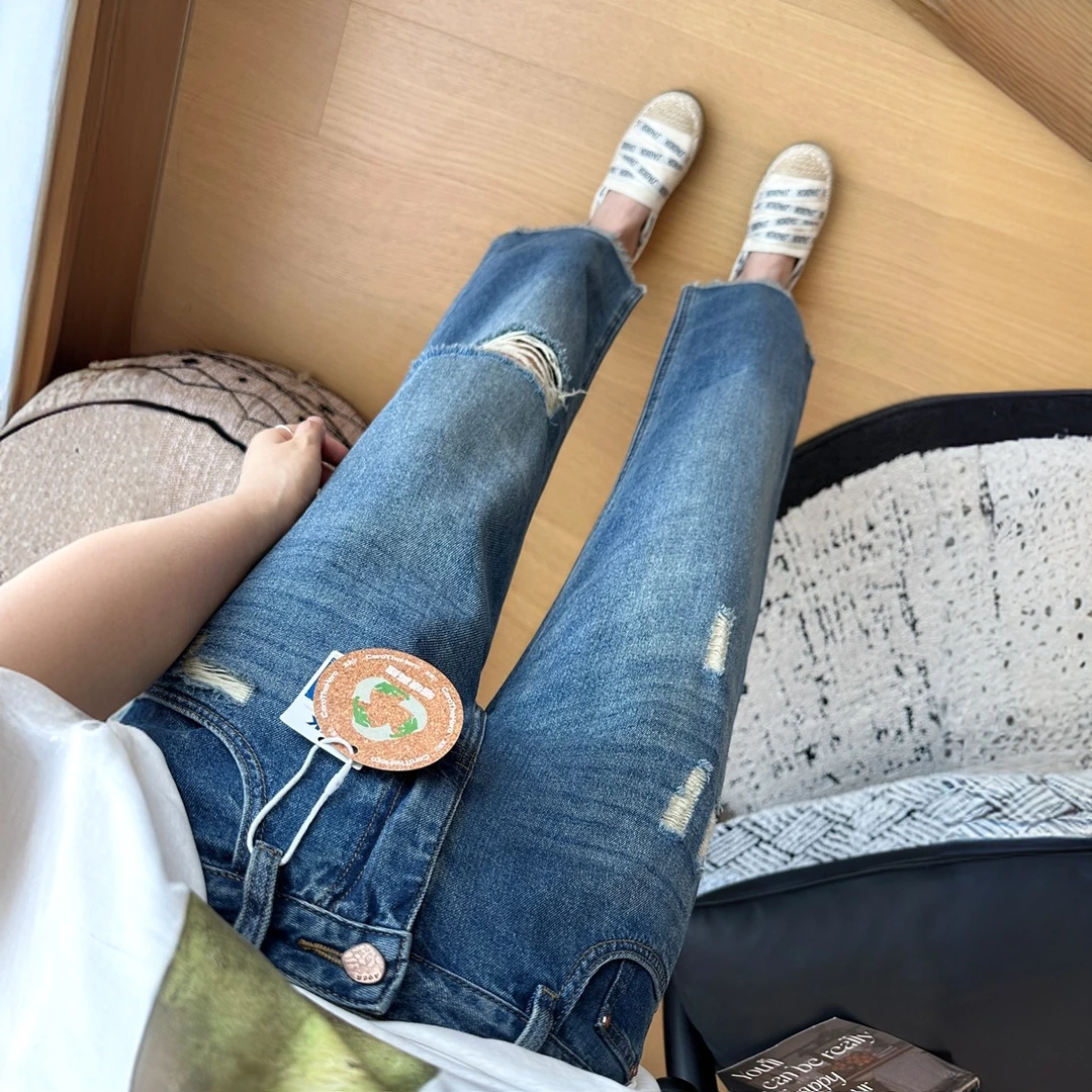 薄款破洞牛仔裤女款2025夏季高腰宽松显瘦毛边小个子九分直筒裤子