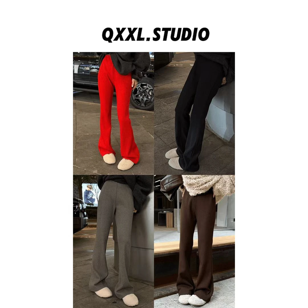 冬季新款纹理感加绒加厚休闲裤女百搭垂感直筒微喇裤