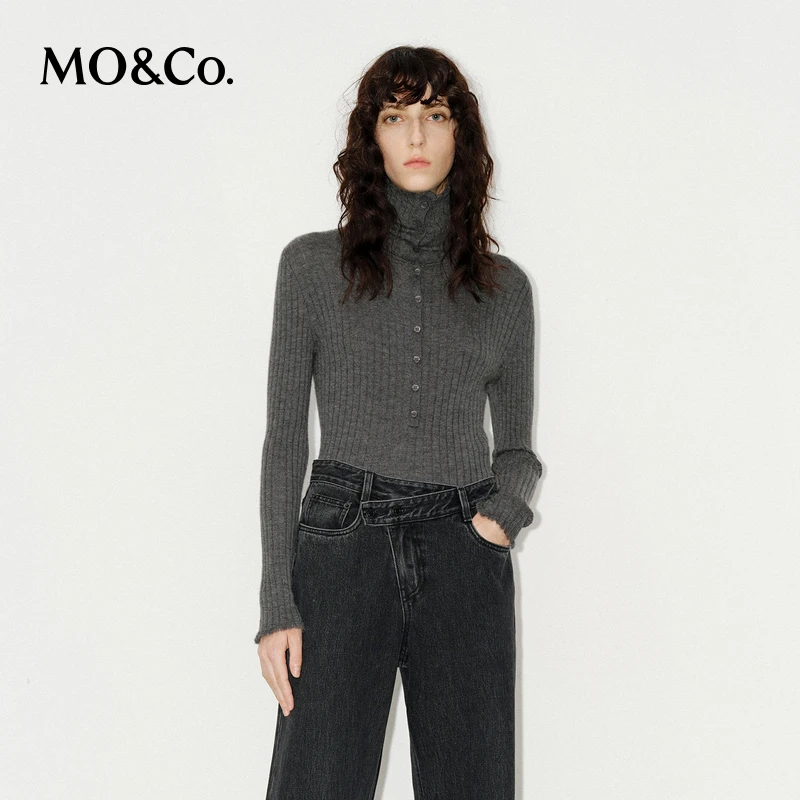 MOCO针织衫冬可机洗绵羊毛半开襟高领烂边修身MBD4SWT003