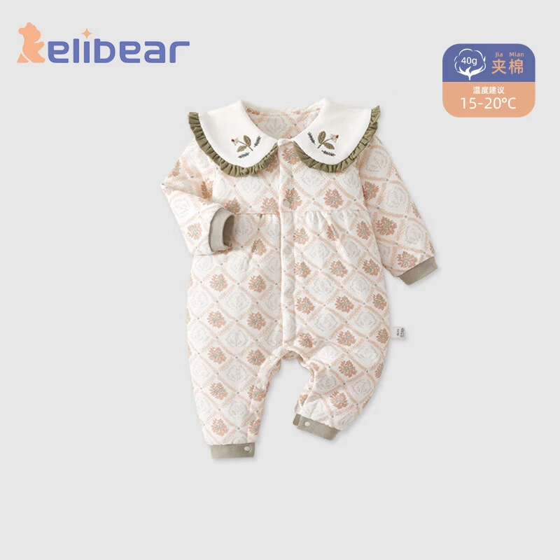 颗粒熊（KELIXIONG）婴儿连体衣秋冬夹棉女宝翻领满印纯棉衣服女童