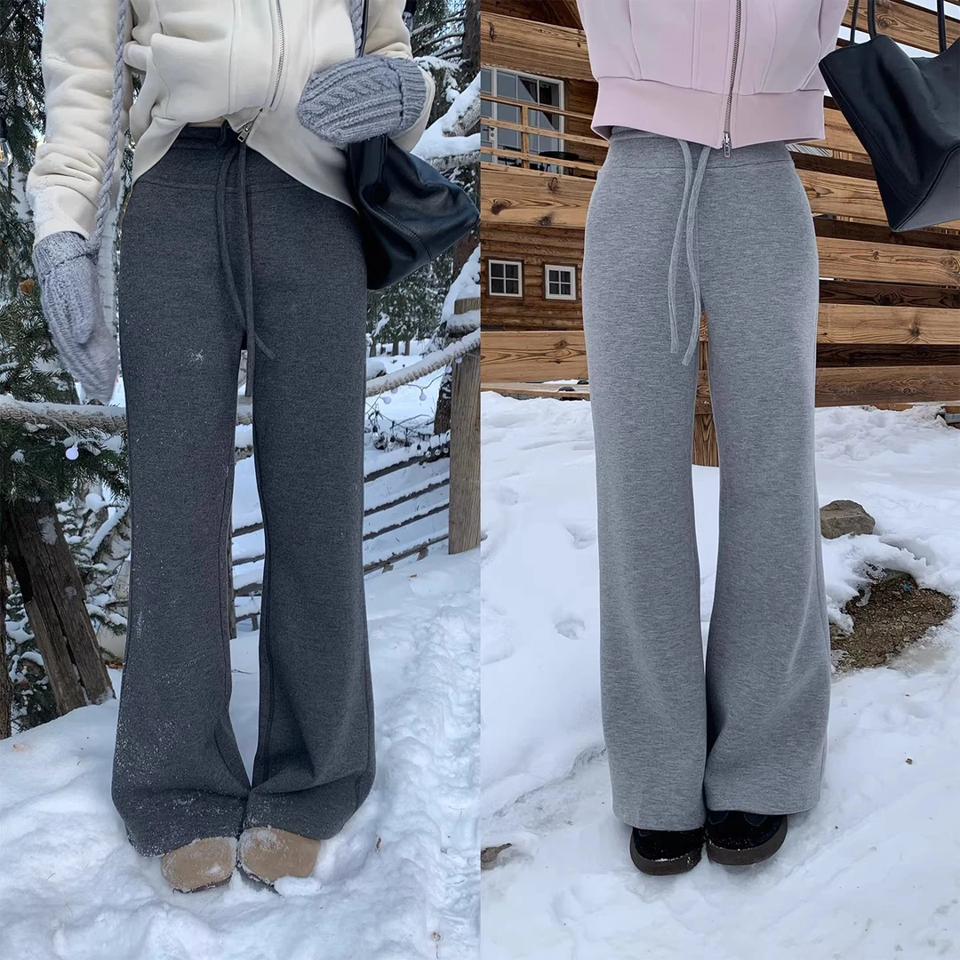 一三良品小个子 灰色加厚高腰抽绳休闲裤女冬韩系修身套Z5A0Y