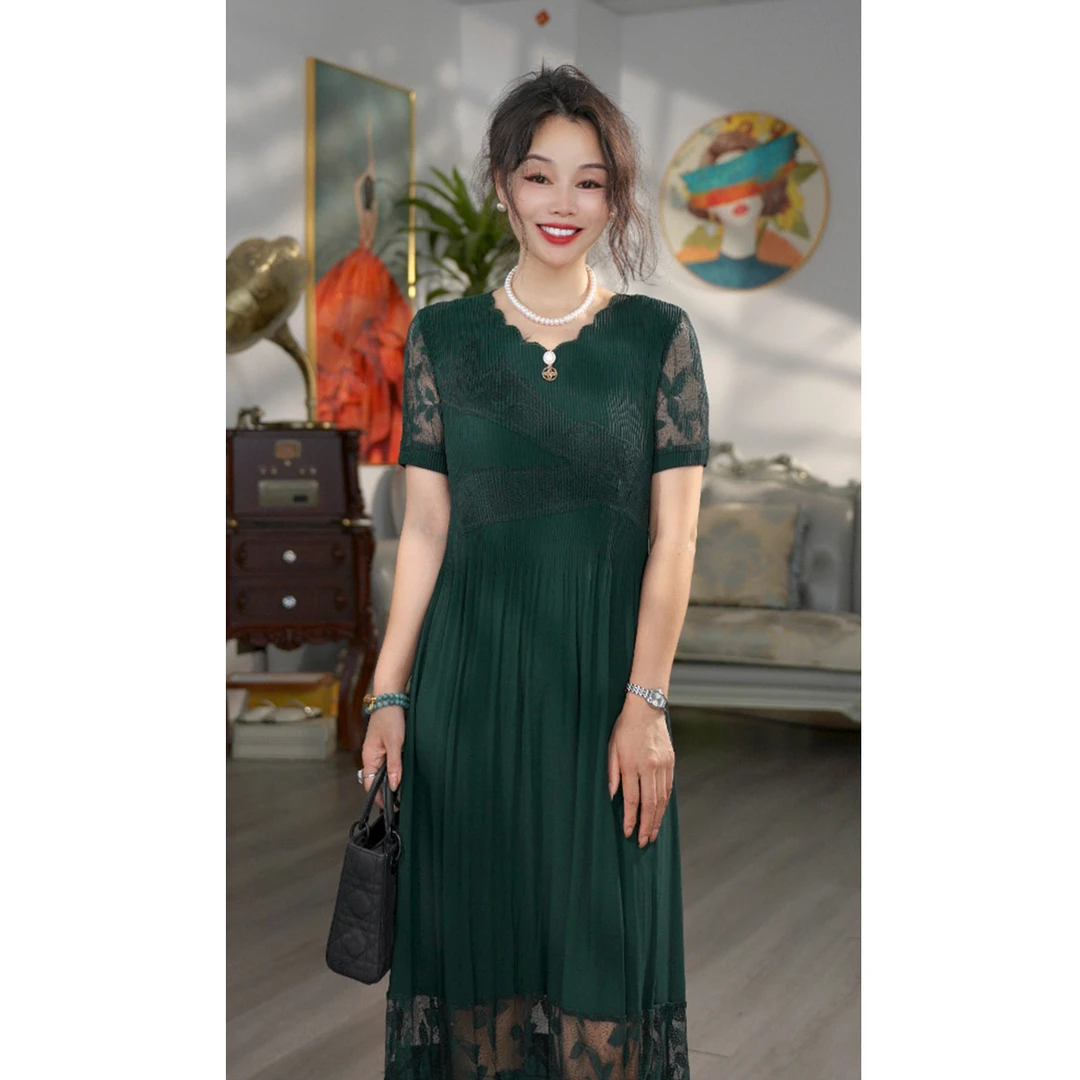 无印心匠B76730 夏季压皱蕾丝短袖连衣裙女款遮肚子显瘦裙子K845