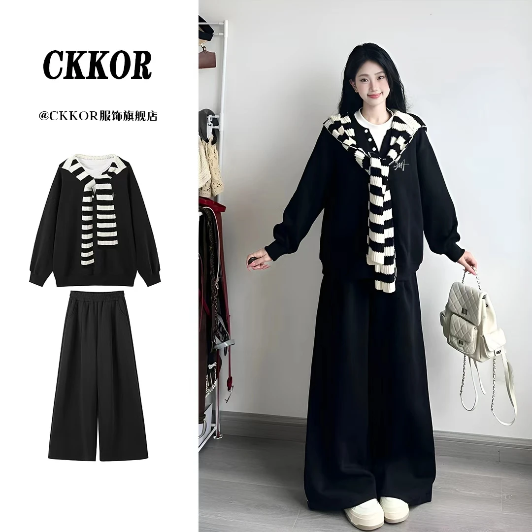 CKKOR秋冬新款韩版时尚披肩长袖卫衣慵懒风宽松休闲百搭三件套装