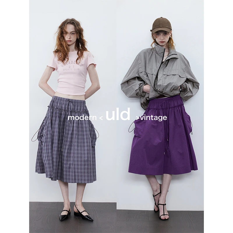 ULD/黑标定制降落伞户外纸感摩登中古自由抽褶复古伞裙格纹半裙
