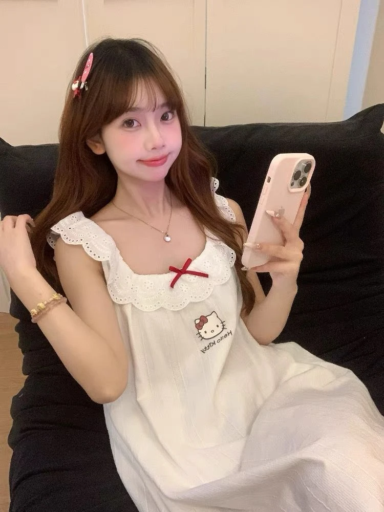 【卡通hellokikty】夏季新款少女吊带带胸垫可爱卡通睡裙连衣裙蕾丝