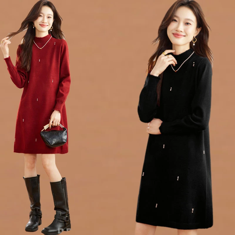 欧若风气质小个子针织连衣裙女春秋2025新中长款毛衣遮屁股打底衫