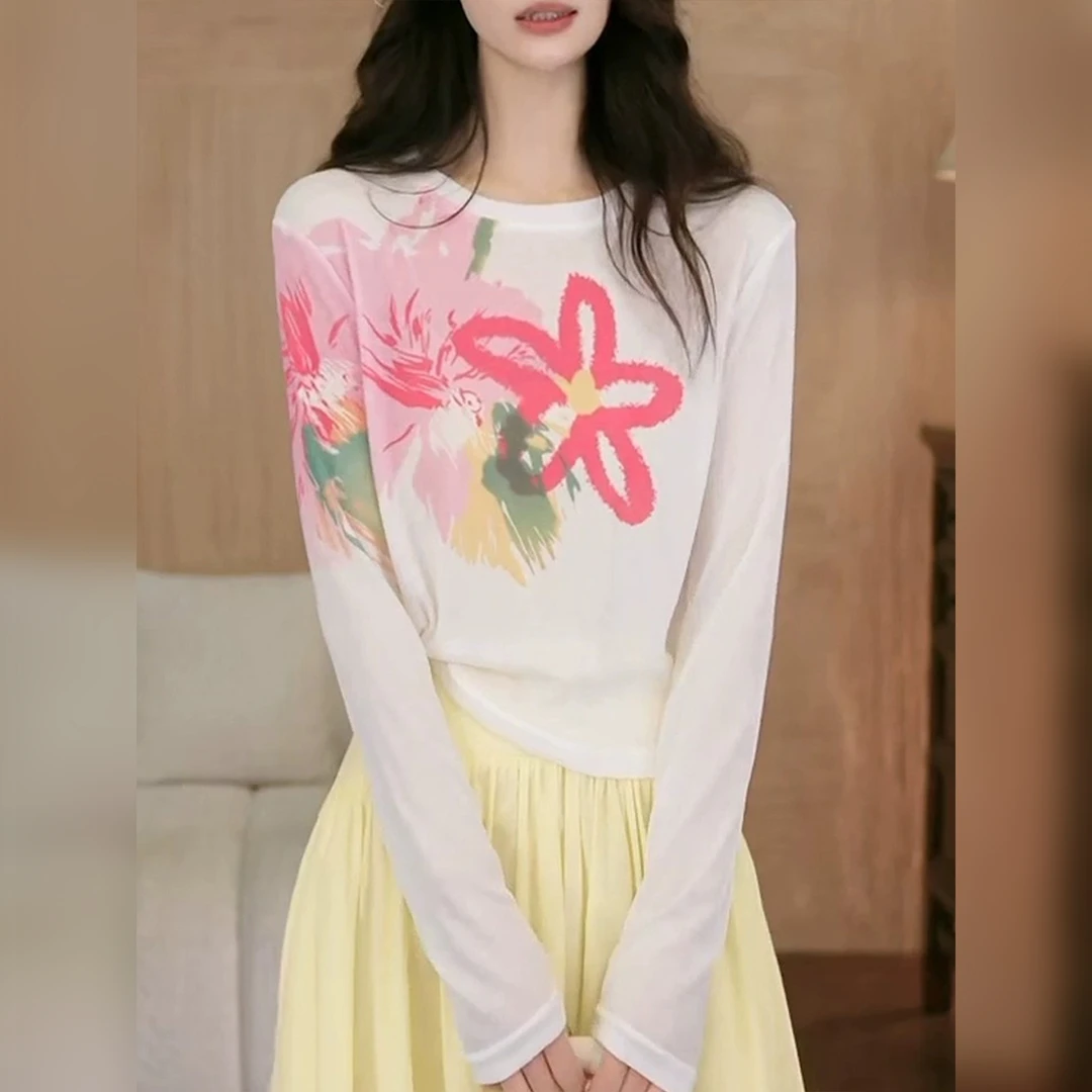 显瘦宽松高级感上衣秋季新款胖MM大码女装花朵印花长袖圆领T恤女