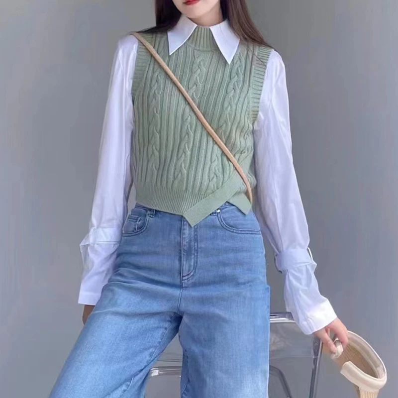 【商场同款】麻花针织马甲秋冬短款半高领马夹无袖背心坎肩5399380