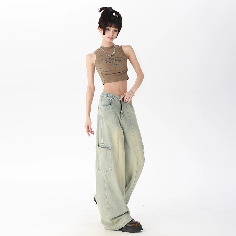 早秋新款美式高街复古阔腿牛仔裤女新款辣妹高腰拖地长裤&加长裤