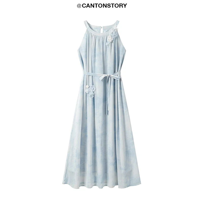 羊城故事 蓝色晕染挂脖吊带连衣裙女流行爆款甜美长裙 Y50449700