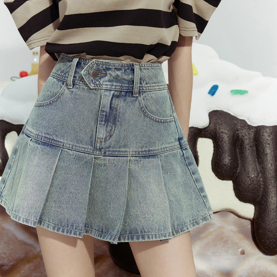 【达人专属】妖精的口袋多巴胺高腰牛仔半身裙女修身百褶裙