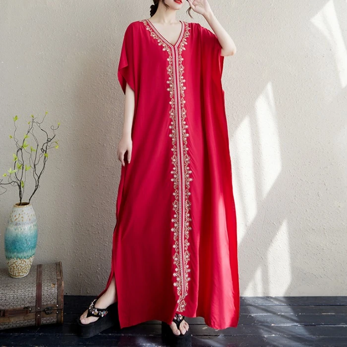 200斤慵懒风文艺大码重工刺绣时尚V领度假风长裙绵绸宽松藏肉袍子