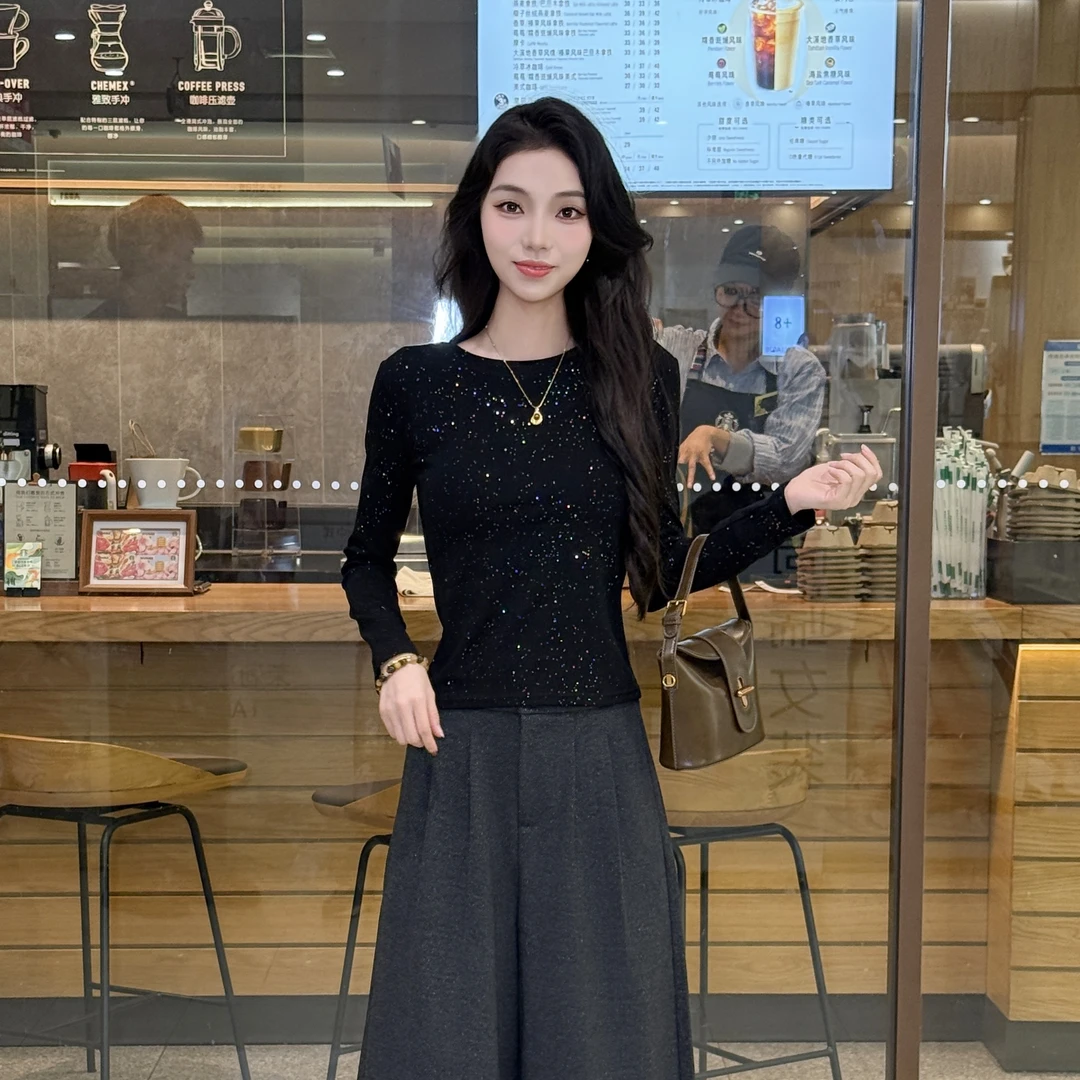 2025秋季韩系黑色t恤衫女时尚百搭长袖打底衫内搭显瘦款