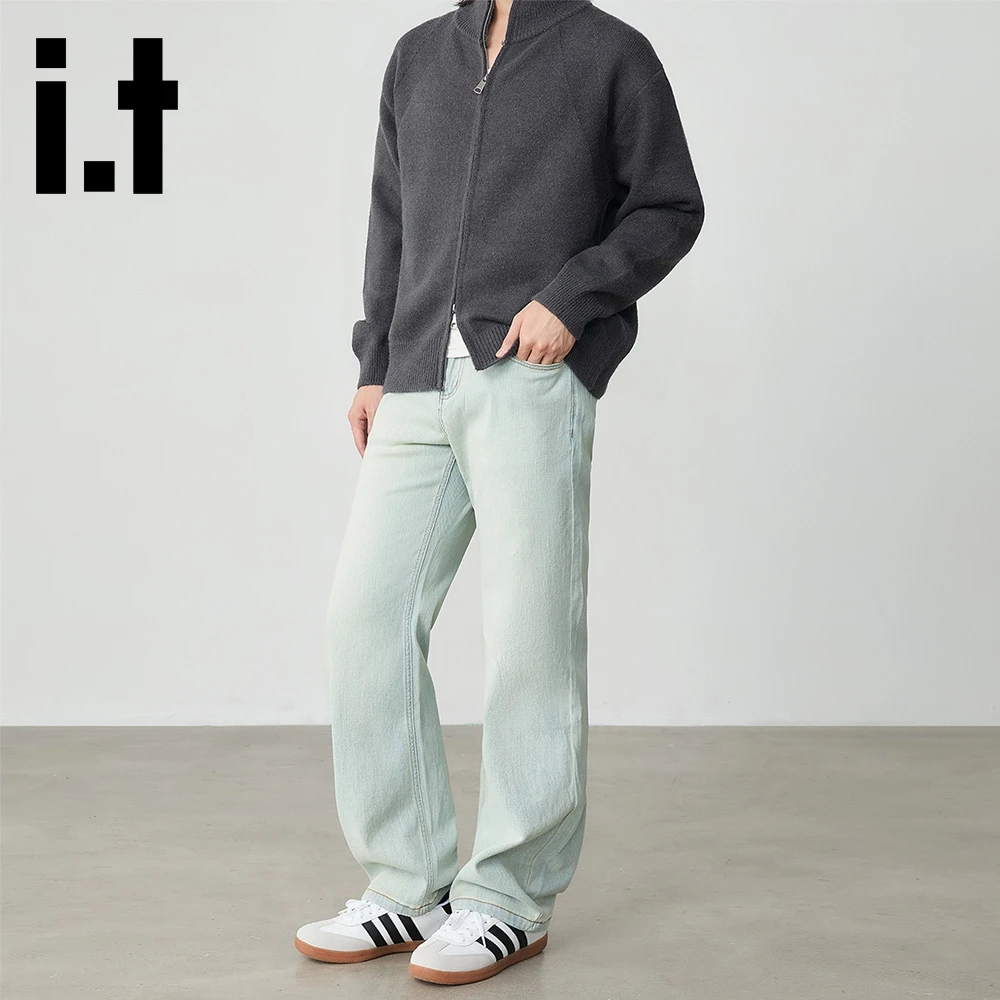 it:CHOCOOLATE浅蓝色水洗直筒牛仔裤男士秋季新款磨白宽松休闲裤