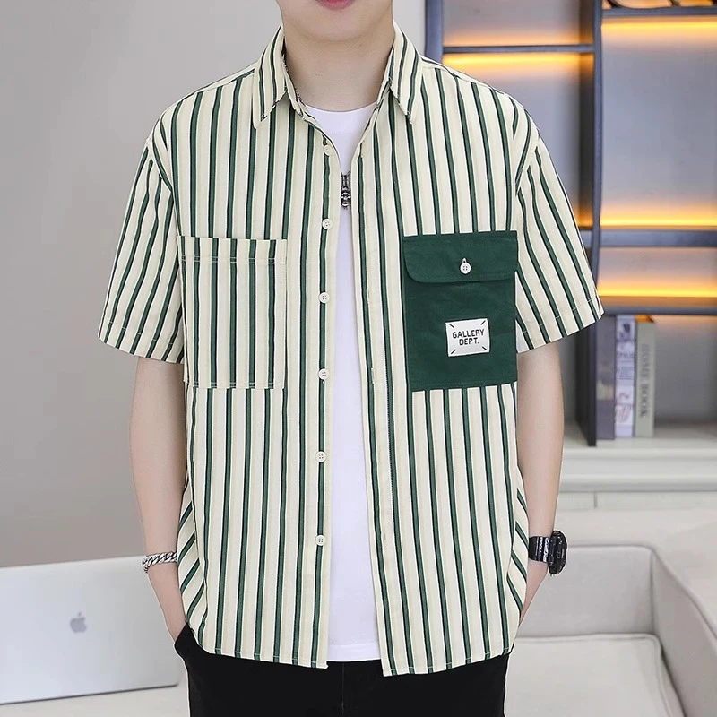 夏季纯棉竖条纹ins短袖衬衫男士时尚修身潮流帅气薄款休闲衬衣