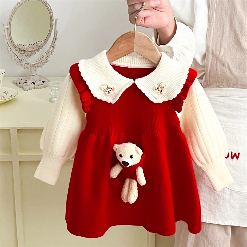 2025新款连衣裙年款大红色韩版儿童毛衣秋冬女童翻领小熊卡通针织
