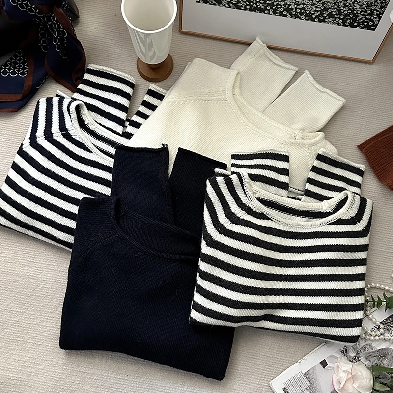 1CoMo 新款套头长袖毛针织衫韩版时尚上衣条纹显瘦修身毛衣5001