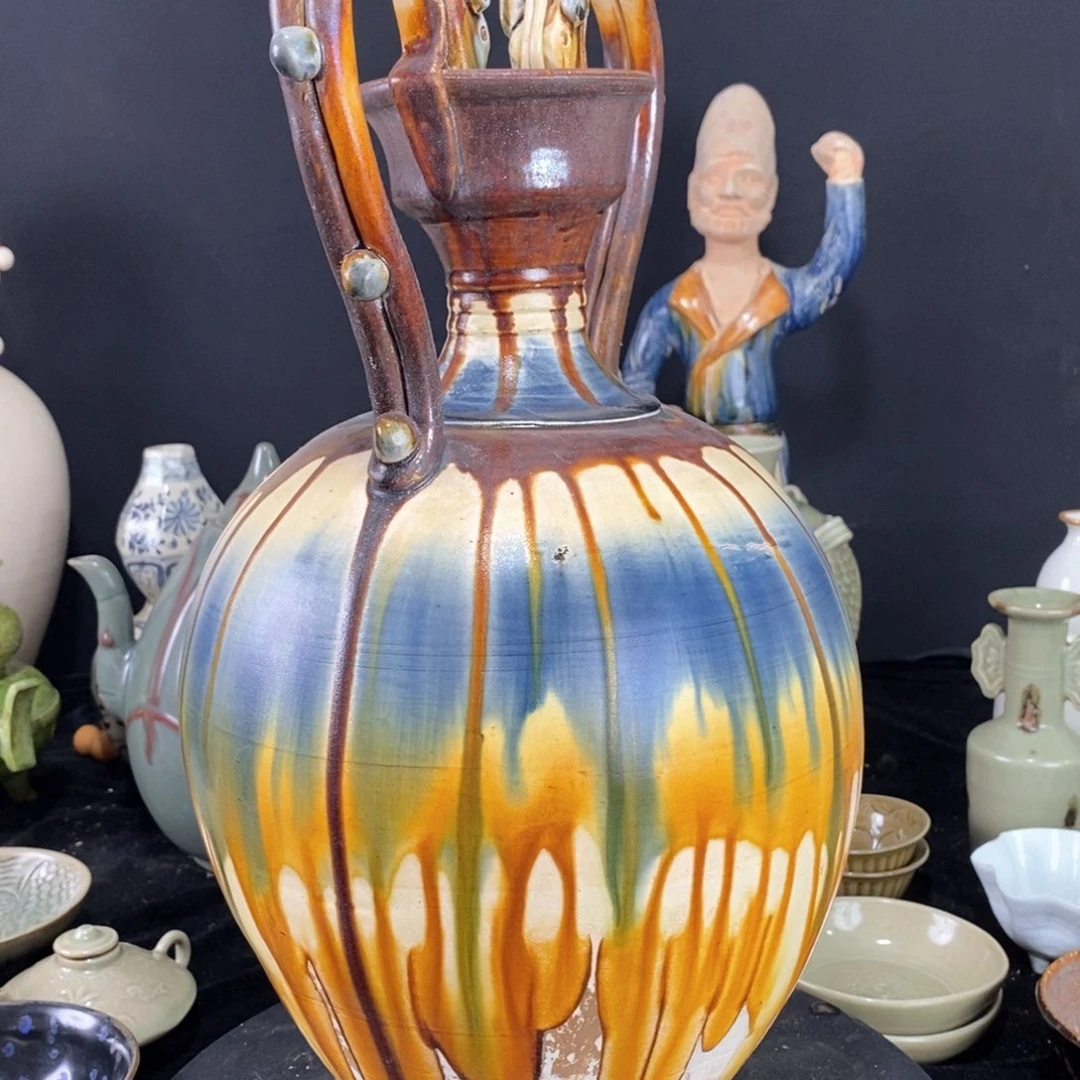 摆件子****人三彩双龙瓶瓷器