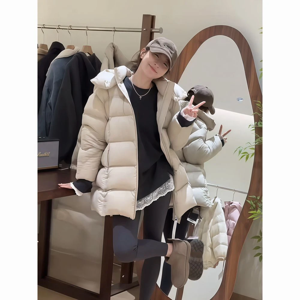 泡芙羽绒服女中长款2025新款冬季宽松连帽显瘦保暖加厚白鸭绒外套