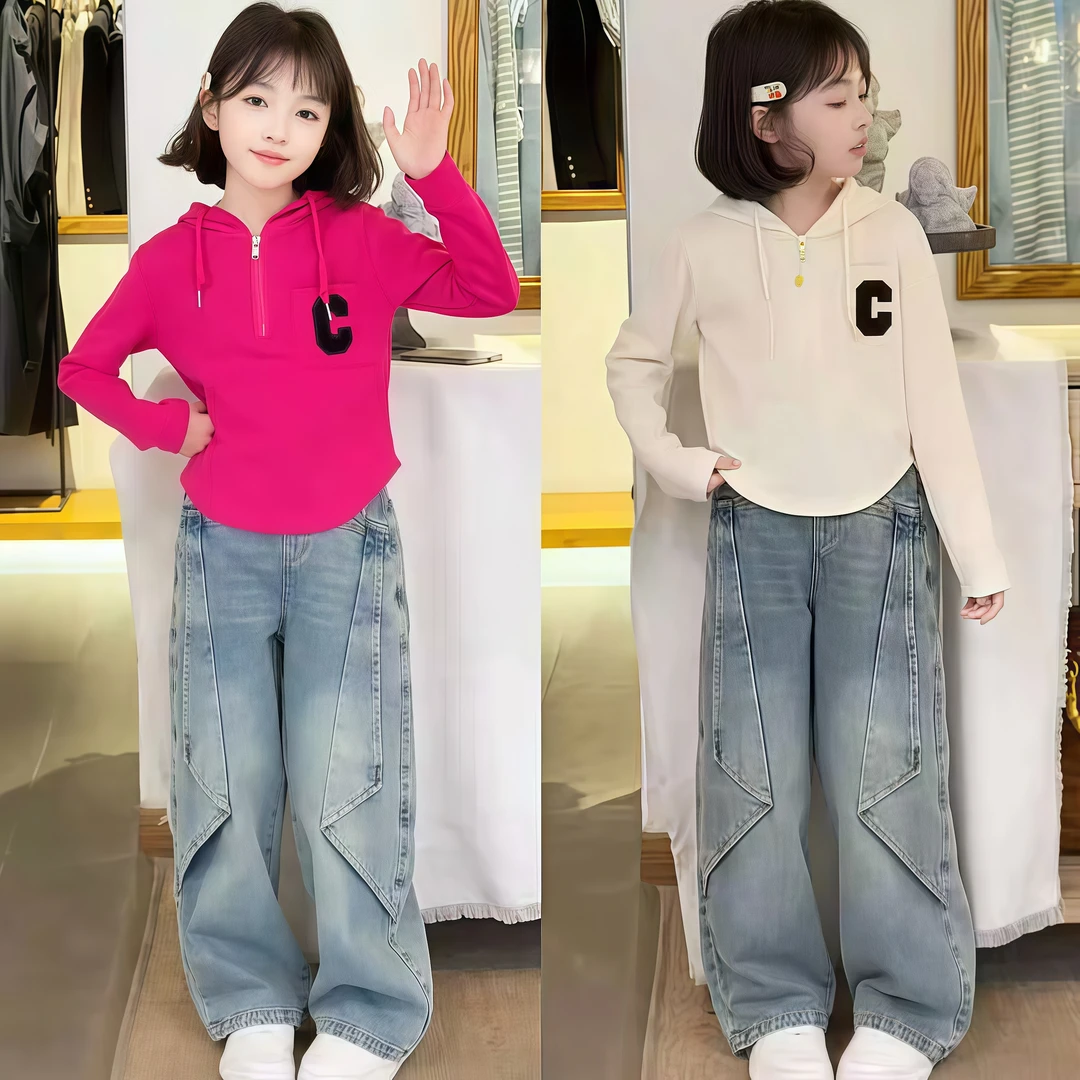 2025春款酷飒女孩设计感半拉链连帽卫衣不规则牛仔裤两件套