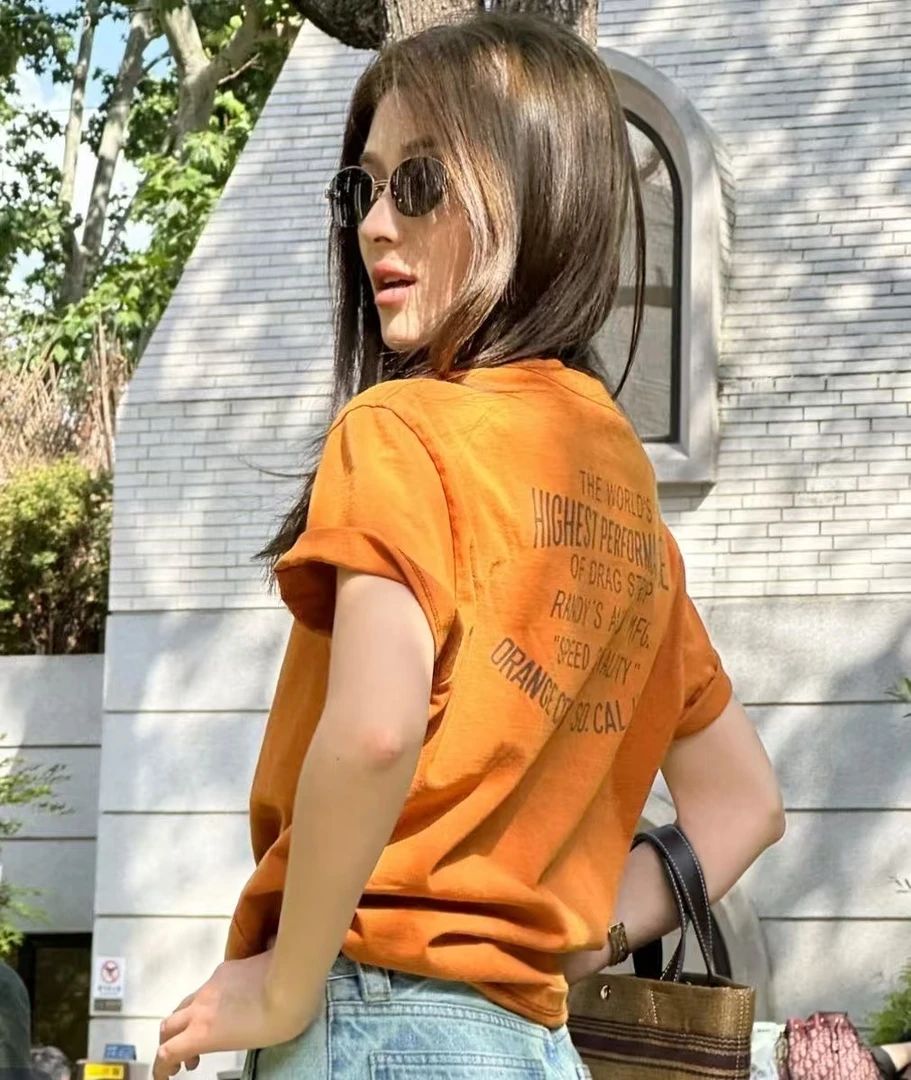 休闲衣服女慵懒风夏季百搭100%棉后边字母印花圆领T恤 SS251374