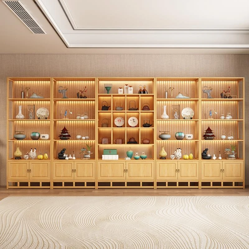 新中式实木博古架茶室背景置物架办公室架子茶叶架商用带灯展示柜