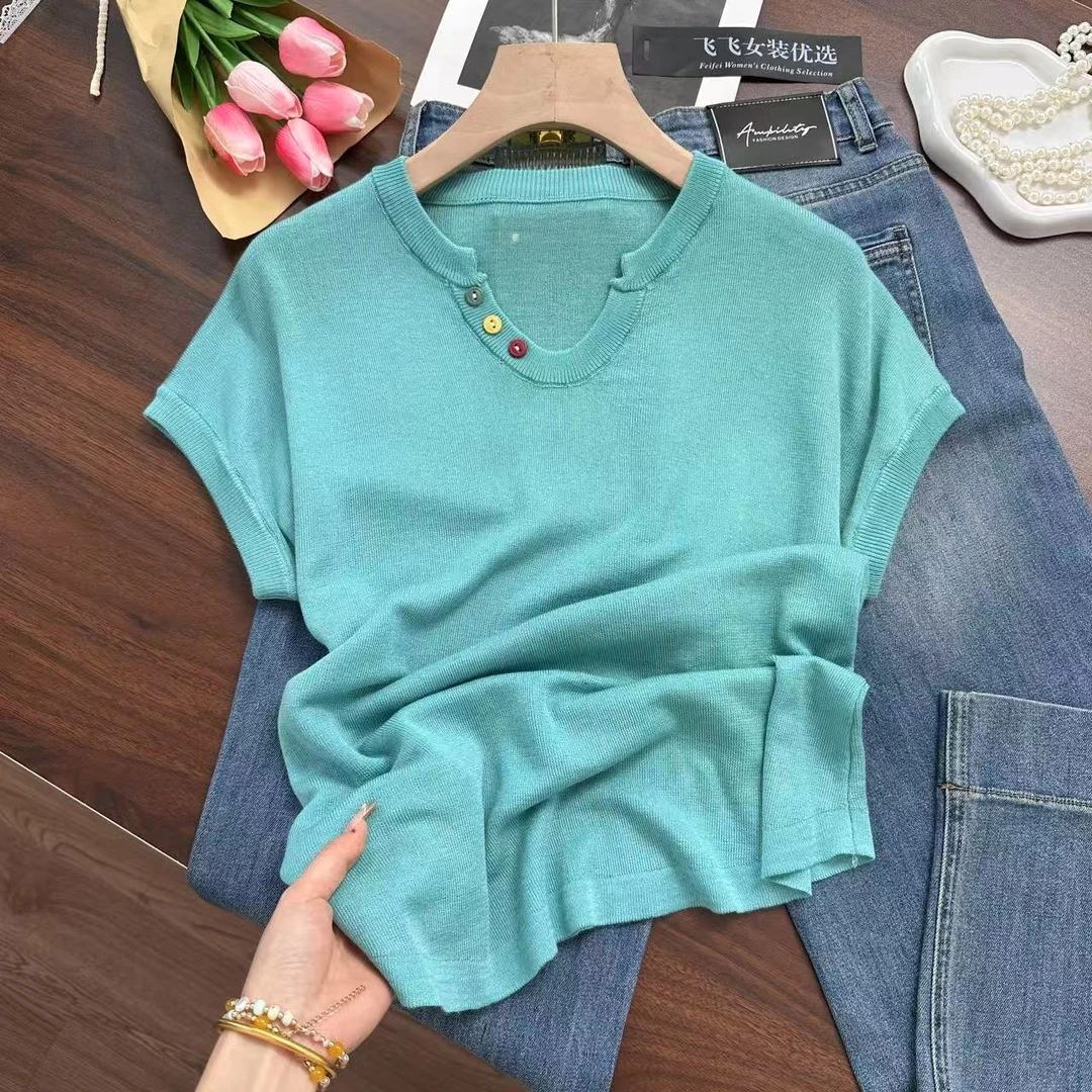 超级显白的小飞袖~好凉快轻薄！彩色扣简约针织衫Y7006