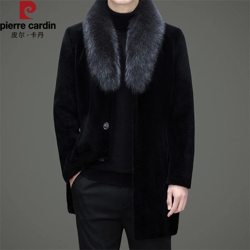 皮尔卡丹男士精纺100羊毛狐狸西装毛领中年保暖加厚大衣中年爸爸